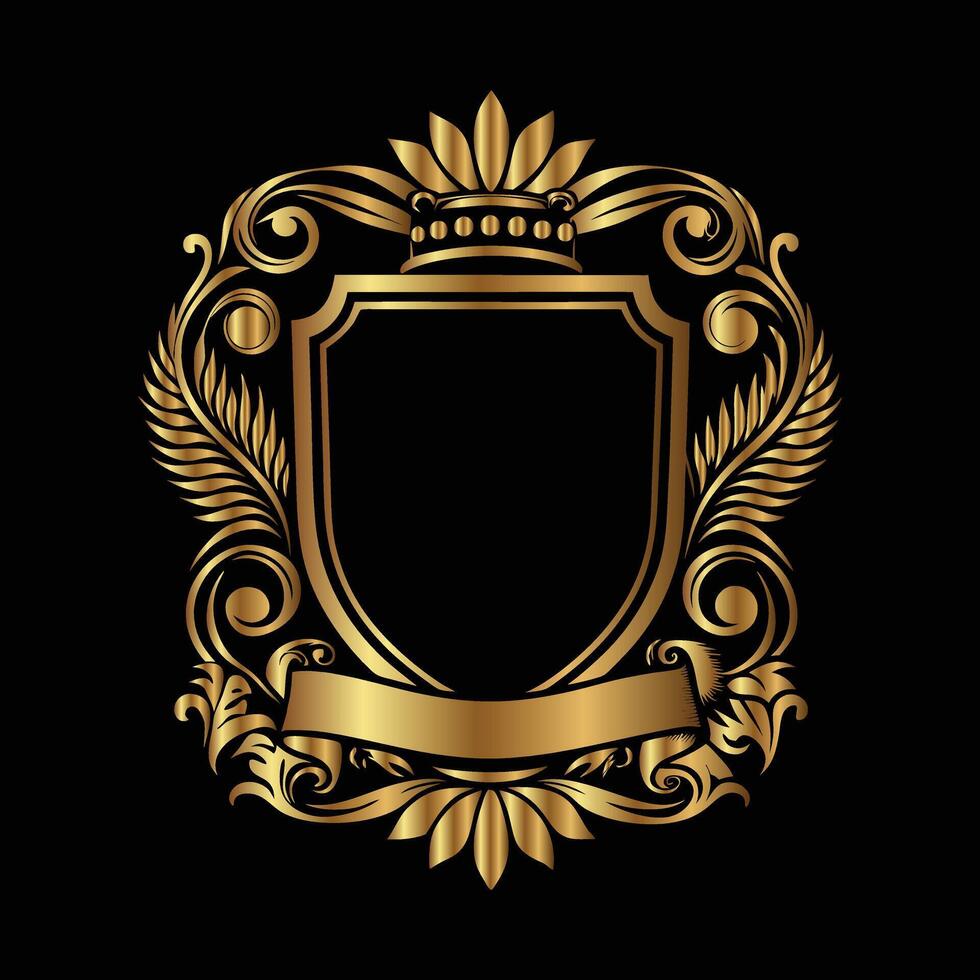 golden shield with crown and scroll on black background vector