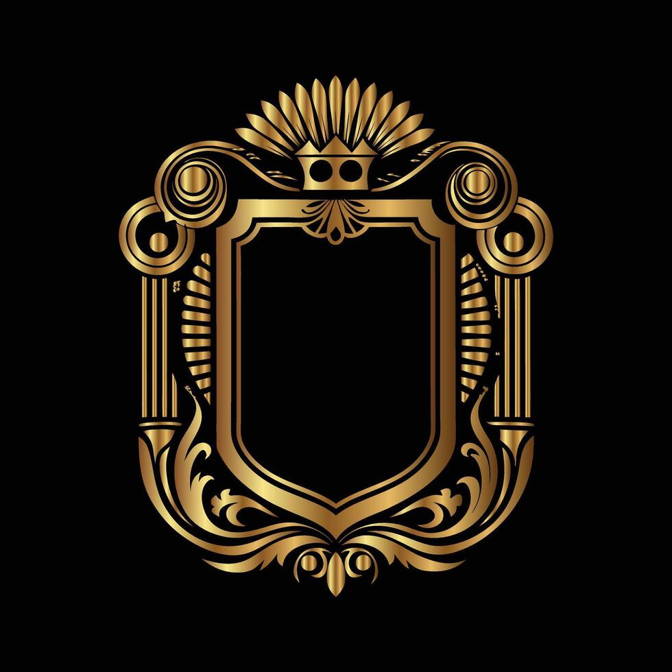golden royal shield with crown on black background. vector