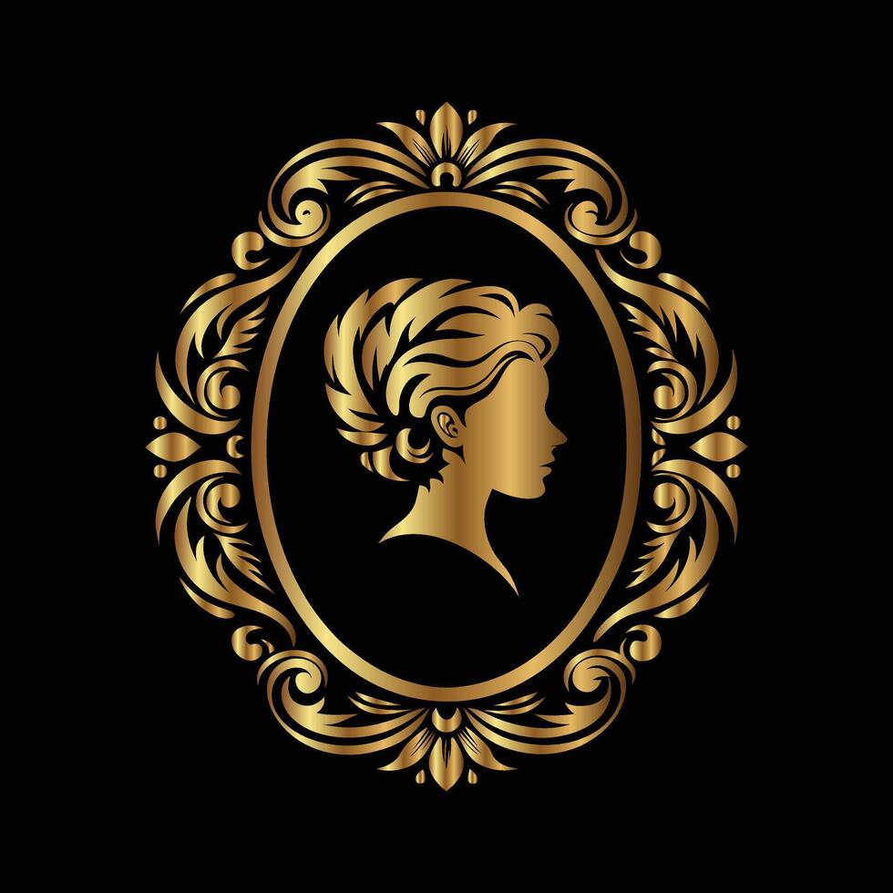 golden woman profile in a frame with a floral pattern vector