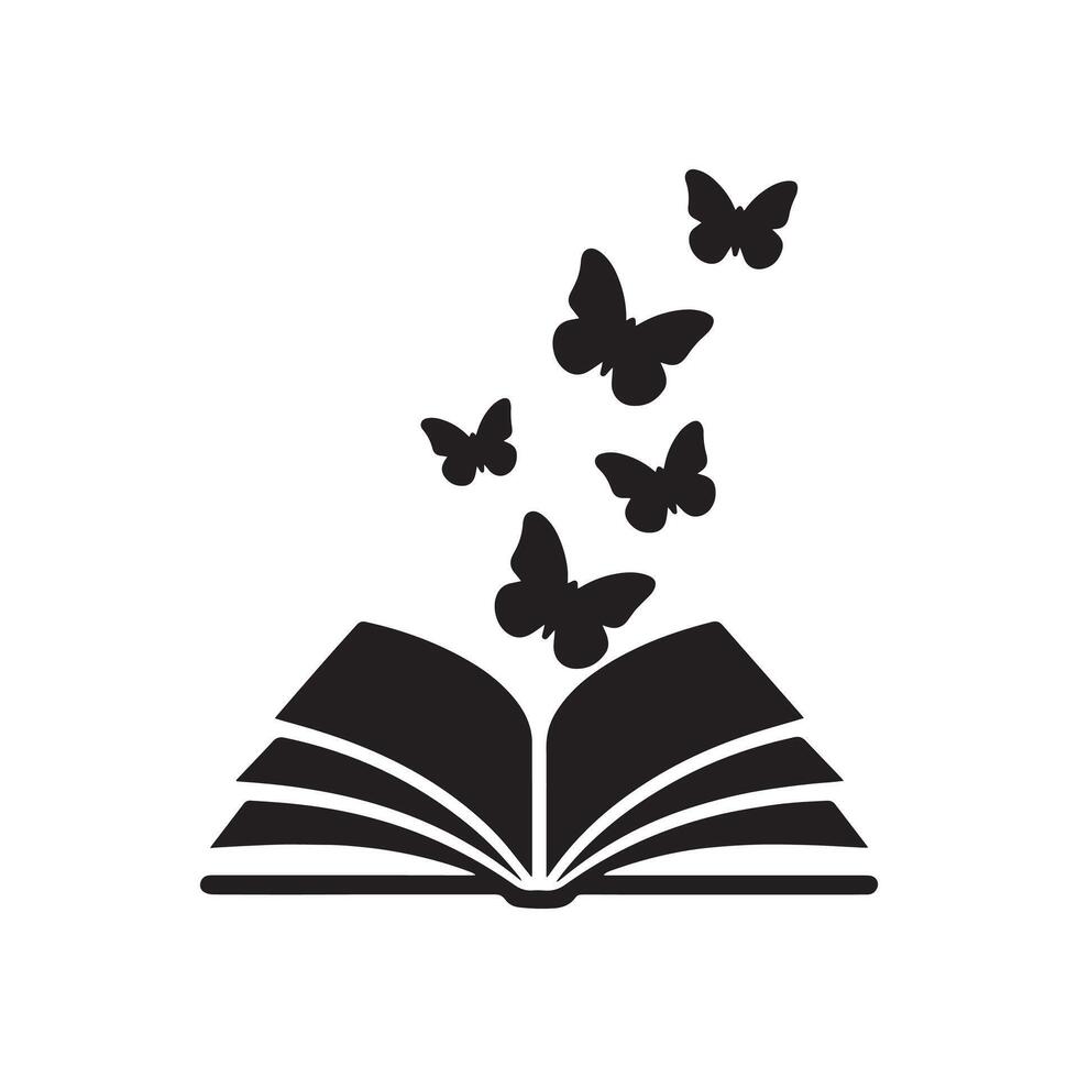 Butterfly flying from open book black silhouette design, fantasy, wisdom with knowledge education sign vector