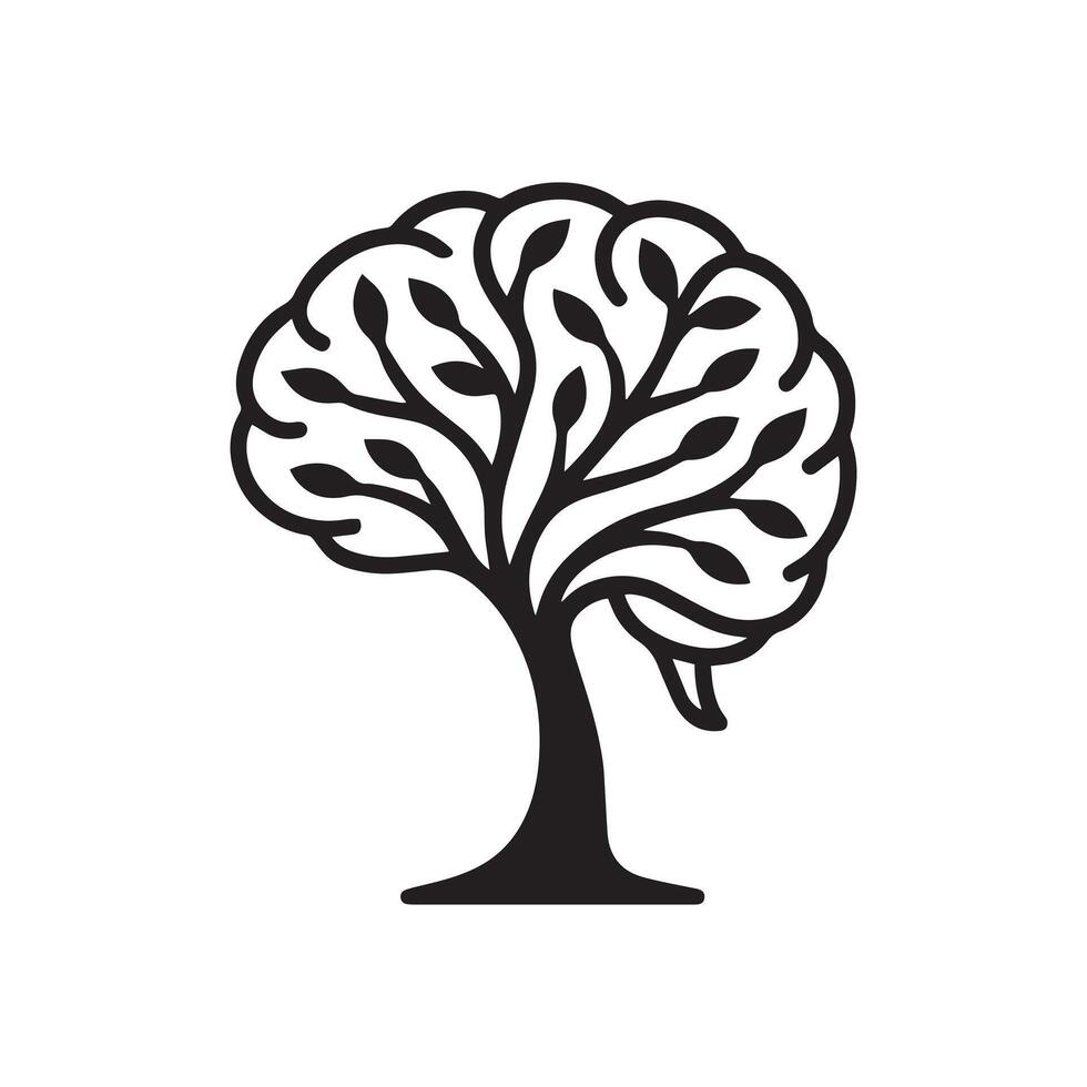 Tree leaf branch in human brain shape black silhouette design, brainstorming idea, intellectual knowledge and medical organ symbol vector