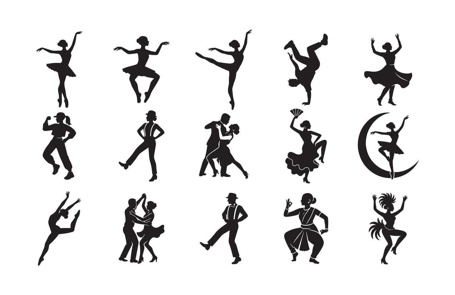 Dancing person or dance couple black silhouette design set, bundle of unique dancer logo icon or symbol clip art vector