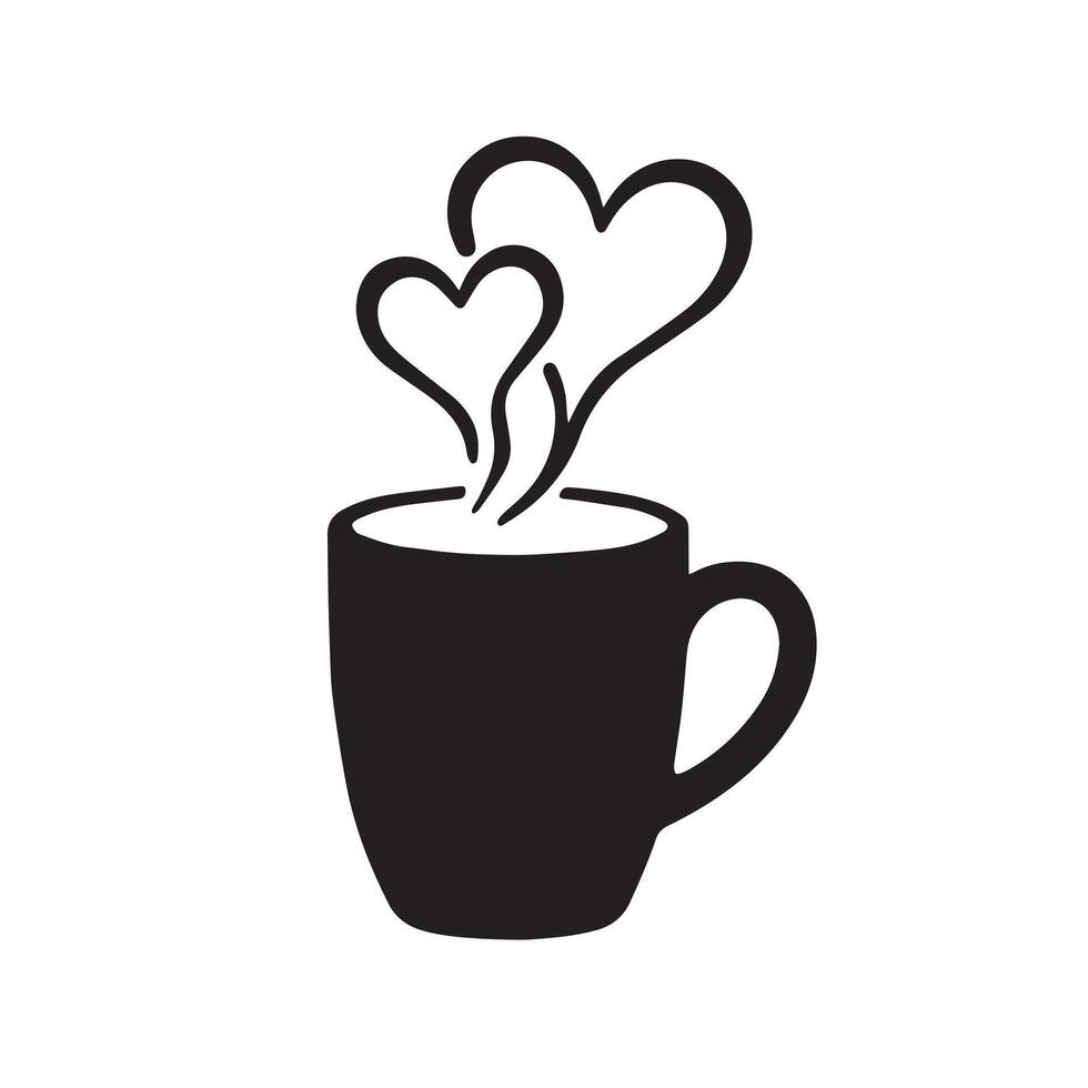Coffee mug and love heart symbol black silhouette design, romantic caffeine date iluustration vector