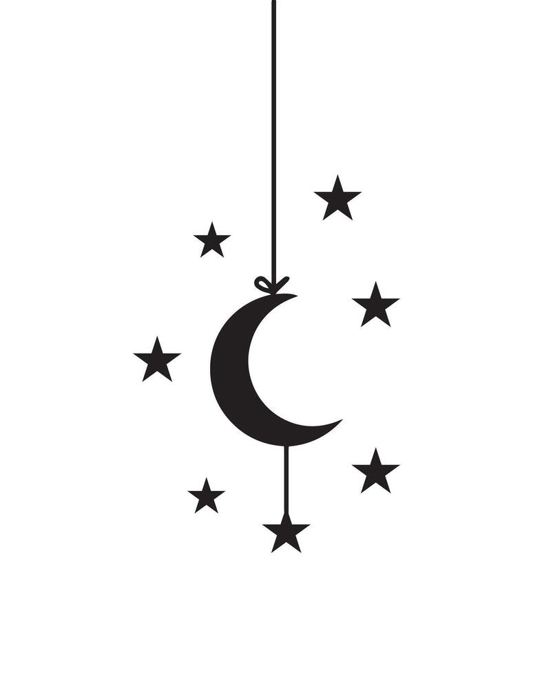 Moon with star decoration black silhouette design, elegant starry symbol illustration drawing vector