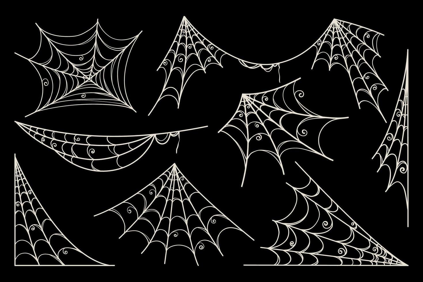 Spider Web Set in Hand Drawn Style Isolated on Black Background Doodle arachnid web perfect for cards, party invitations, web, fashion, print vector