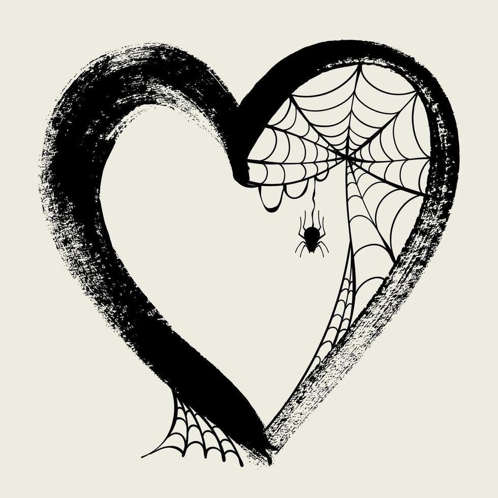 Halloween Grunge Black Heart Symbol with Spider Web. Spooky love sign with rough edges and cob web. Abstract freehand doodle shape of heart with line net vector