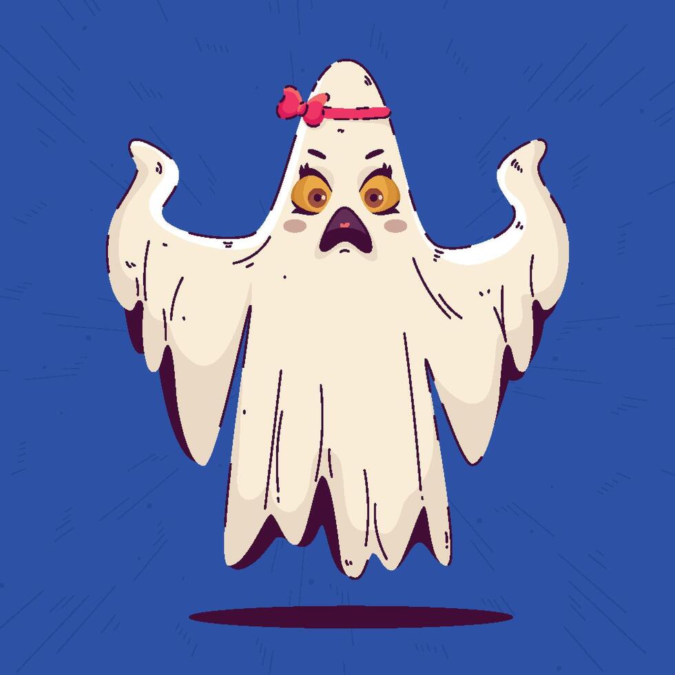 Halloween Cute Ghost in Hand Drawn Style. Spooky cartoon character. Ghost icon. Playful night spirit with decorations. perfect for cards, patterns, print, web vector