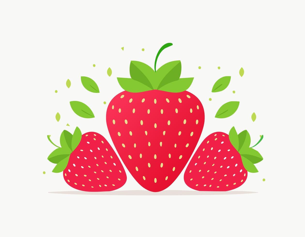 Flat design strawberry with smooth red skin and vivid green leaves, perfect for food art or health-related graphics. vector