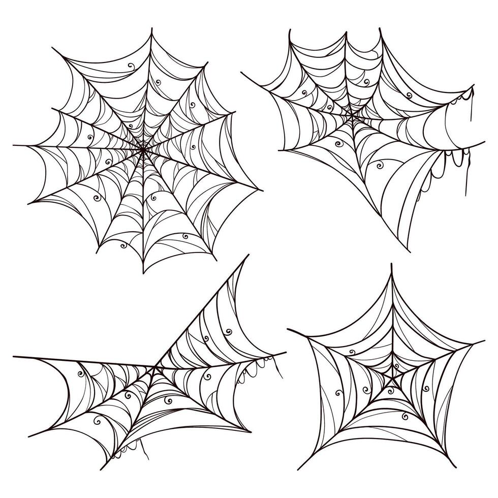 Black Spider Web Set in Hand Drawn Style. Doodle arachnid web perfect for cards, party invitations, web, fashion, print vector