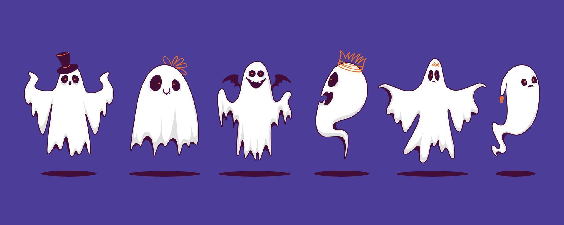 Halloween Collection of Cute Ghosts in Hand Drawn Style. Spooky cartoon characters. Ghost icon. Playful night spirits with decorations. perfect for cards, patterns, print, web vector