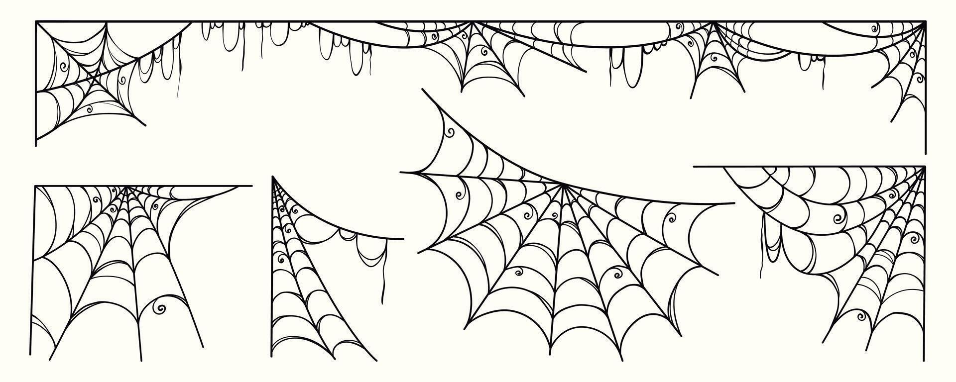 Creative Spider Web Set in Hand Drawn Style. Doodle arachnid web perfect for cards, party invitations, web, fashion, print vector