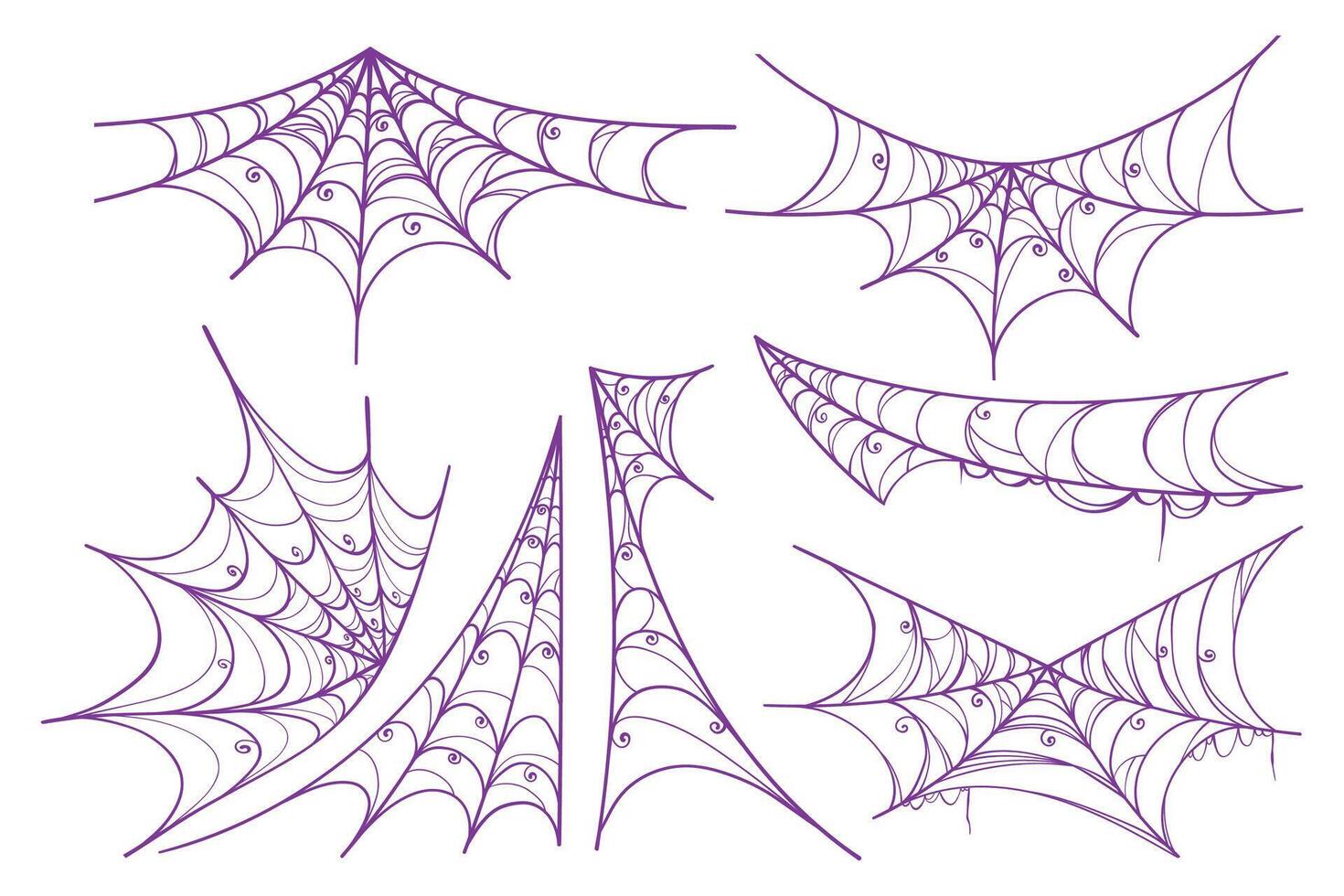 Purple Spider Web Set in Hand Drawn Style. Doodle arachnid web perfect for cards, party invitations, web, fashion, print vector