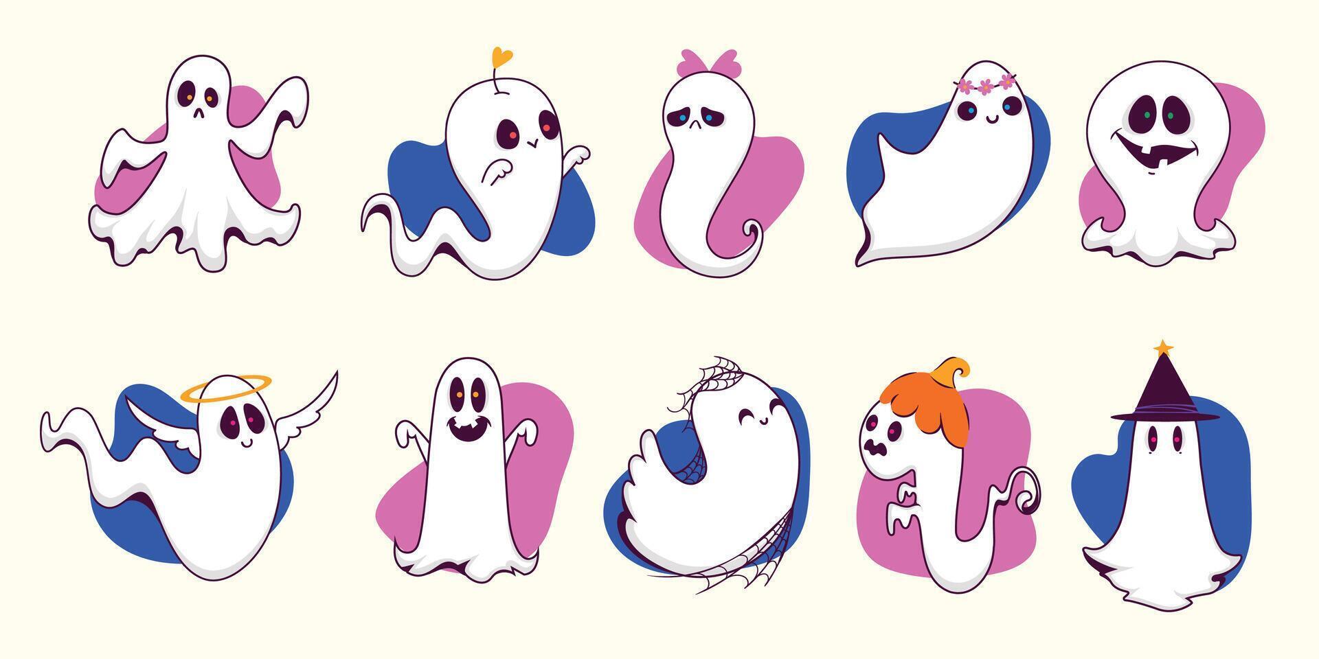 Halloween Cute Ghosts in Hand Drawn Style. Set of spooky cartoon characters. Ghost icon. Playful night spirits with decorations. perfect for cards, patterns, print, web vector