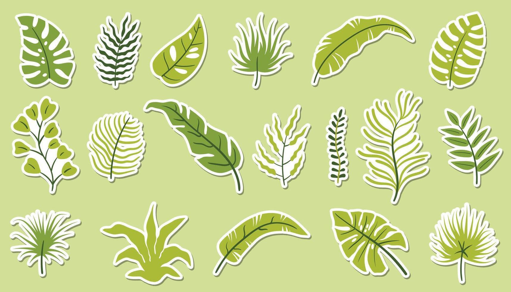 Sticker set with tropical palm and monstera leaves, branches, and floral elements in flat cartoon style. vector