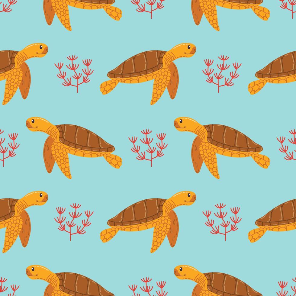 Seamless pattern with yellow sea turtle and red seaweed in cartoon flat style, arranged in polka dot order on blue background. vector