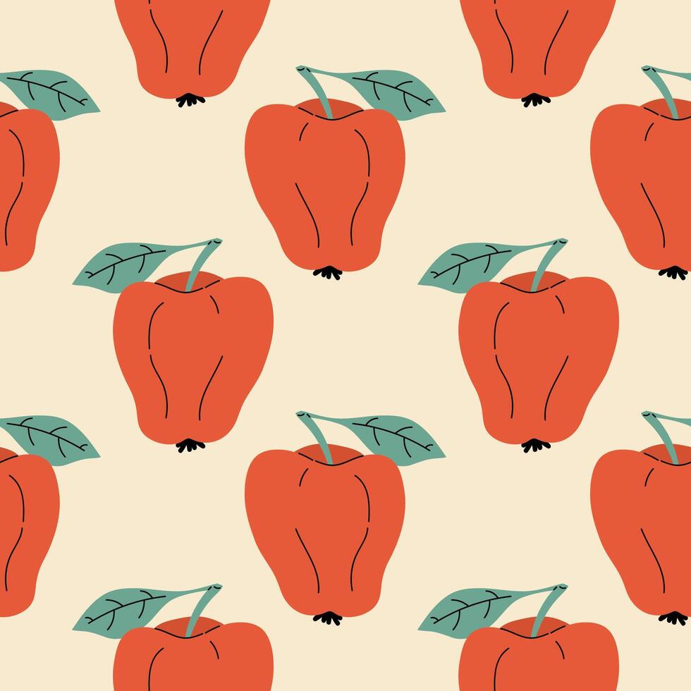 Seamless pattern with red apple in cartoon flat style on white background. vector