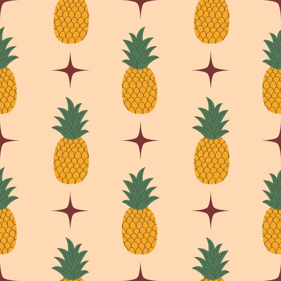Seamless pattern with yellow pineapple, green leaves and stars in cartoon flat style, arranged in polka dot order on beige background. vector