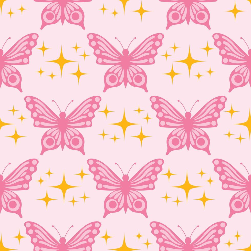 Pink seamless pattern in cartoon flat style with cute pink butterfly and tiny stars on soft background. vector