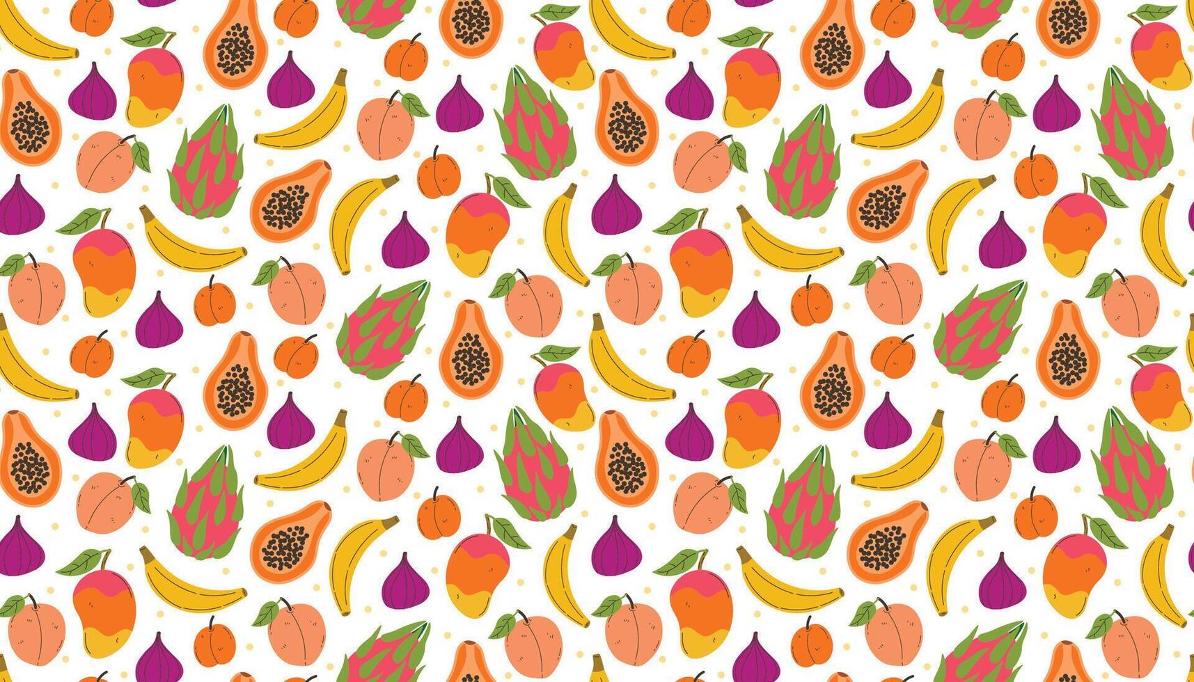 Juicy seamless design in messy style with exotic fruits like fig, banana, mango, papaya, peach, apricot, and dragon fruit. vector