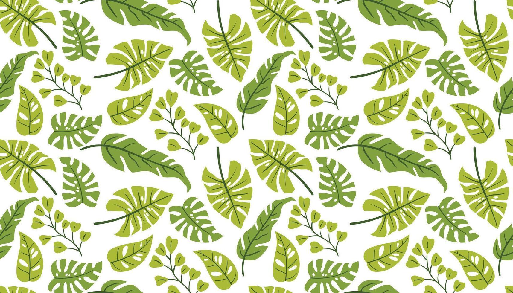 Bright seamless design with palm and monstera leaves scattered in fun arrangement. vector