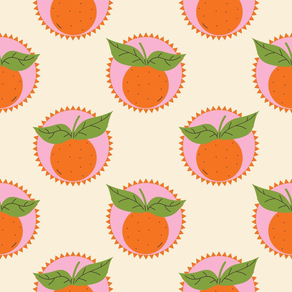 Seamless pattern with orange fruit and green leaf stickers in cartoon flat style, arranged in polka dot order on light background. vector