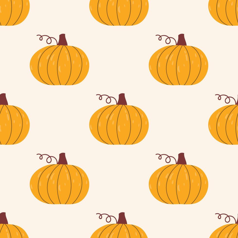 Seamless pattern with yellow pumpkin in cartoon flat style on light beige background. vector