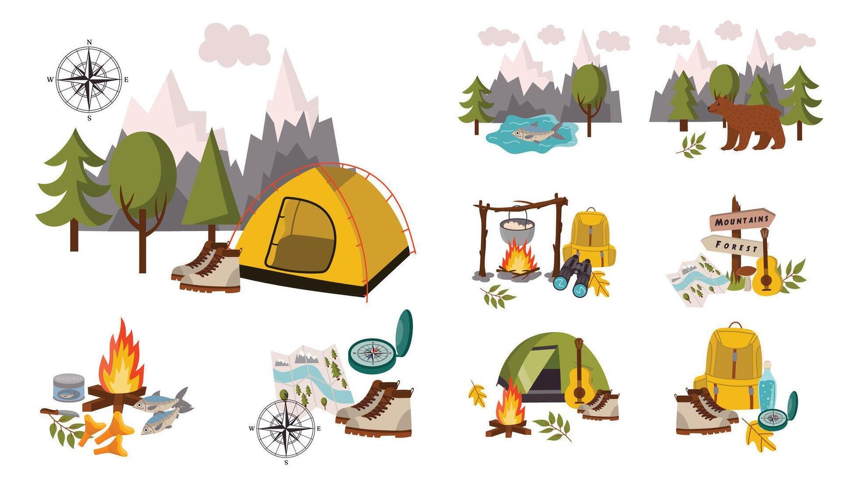 Set of camping theme compositions in cartoon flat style with fireplace, tent, boots, compass, mountains. vector