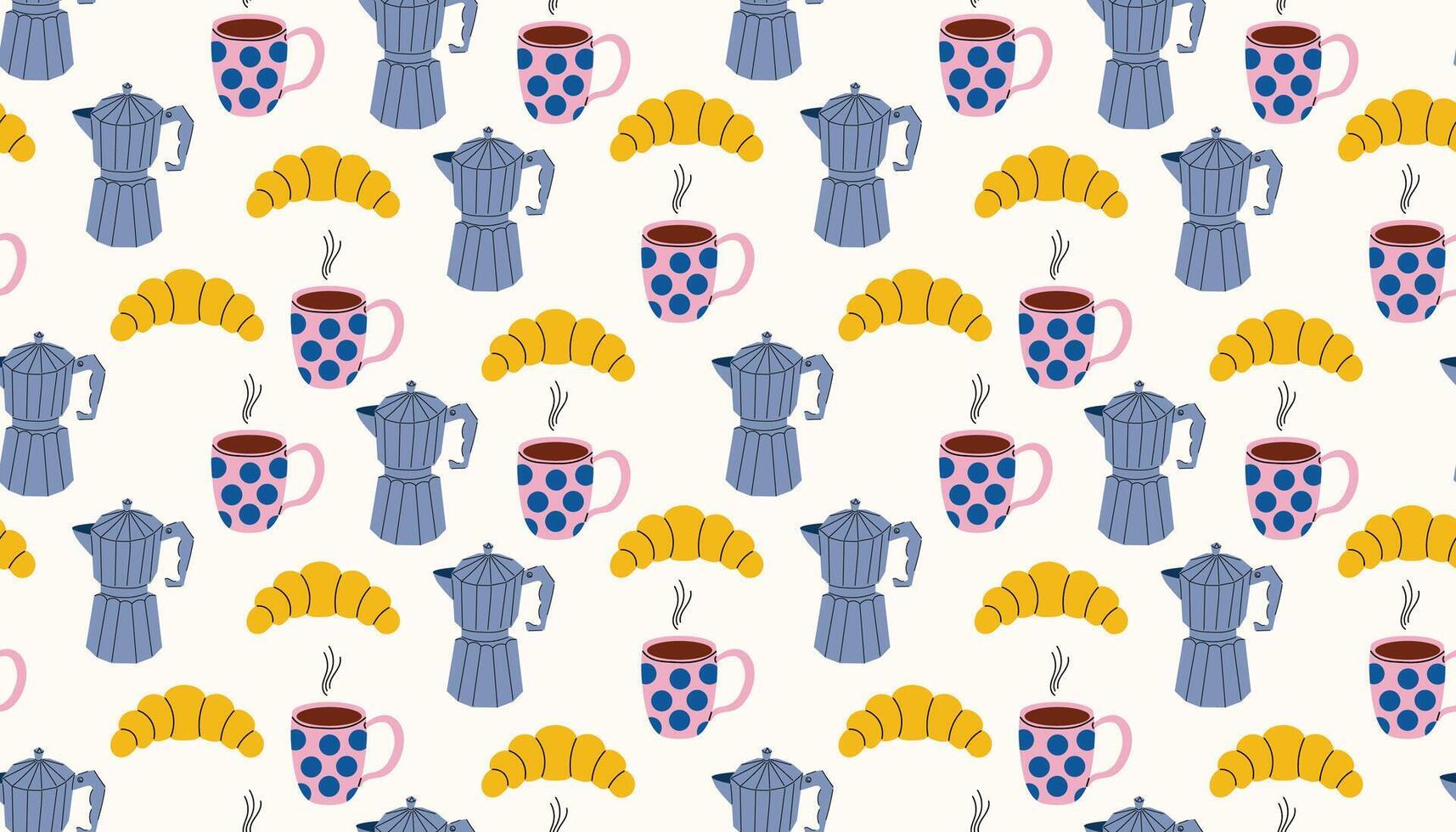 Repeating cartoon pattern of coffee makers, croissants, and hot mugs on soft background. vector