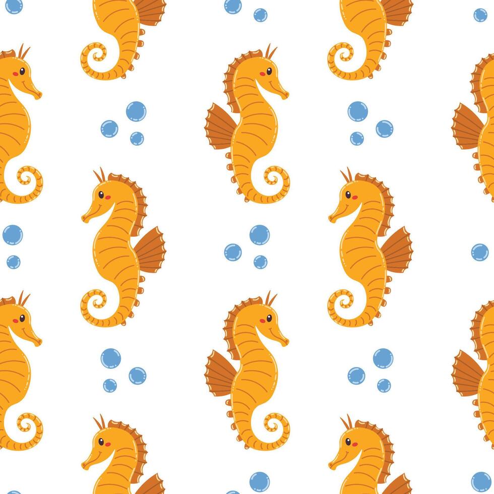 Seamless pattern with kawaii seahorse and water bubble in cartoon flat style, arranged in polka dot order on white background. vector