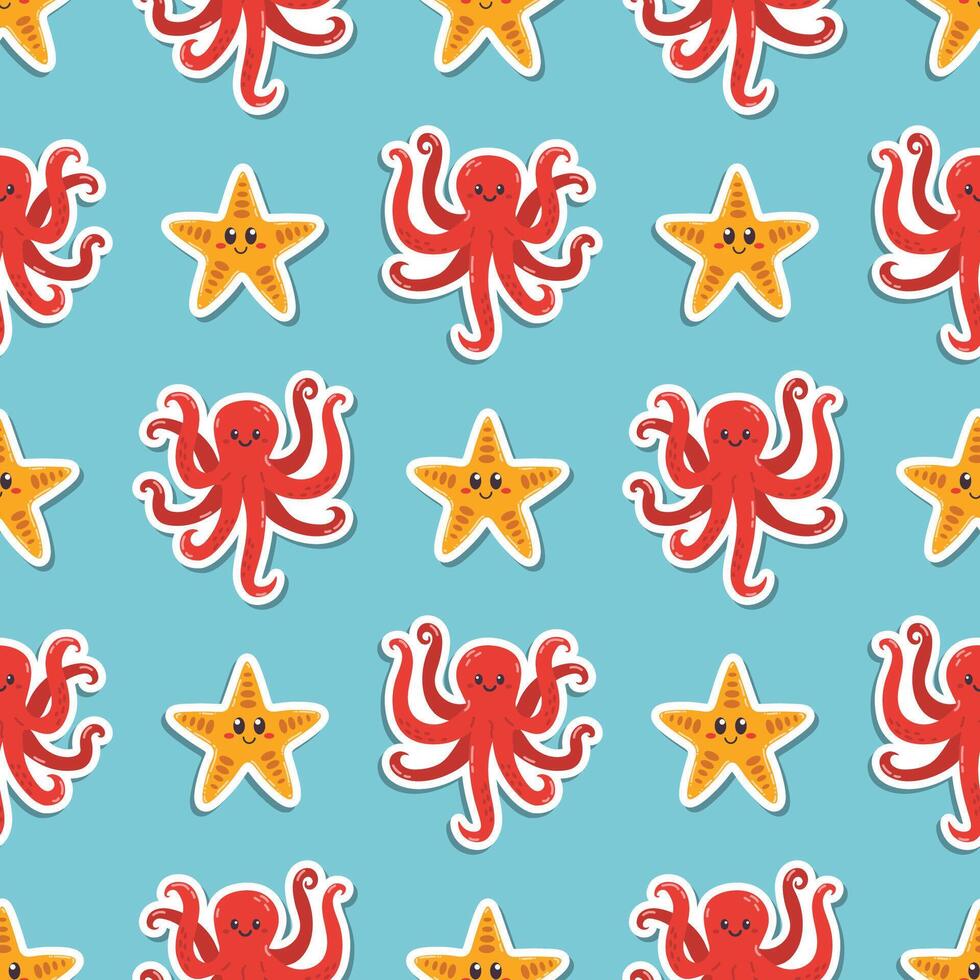 Seamless pattern with kawaii octopus and sea star stickers in cartoon flat style, arranged in polka dot order on blue background. vector