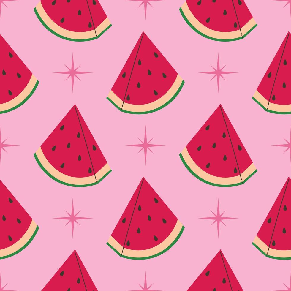 Pink seamless pattern with watermelon slice and star in cartoon flat style, arranged in polka dot order on light pink background. vector