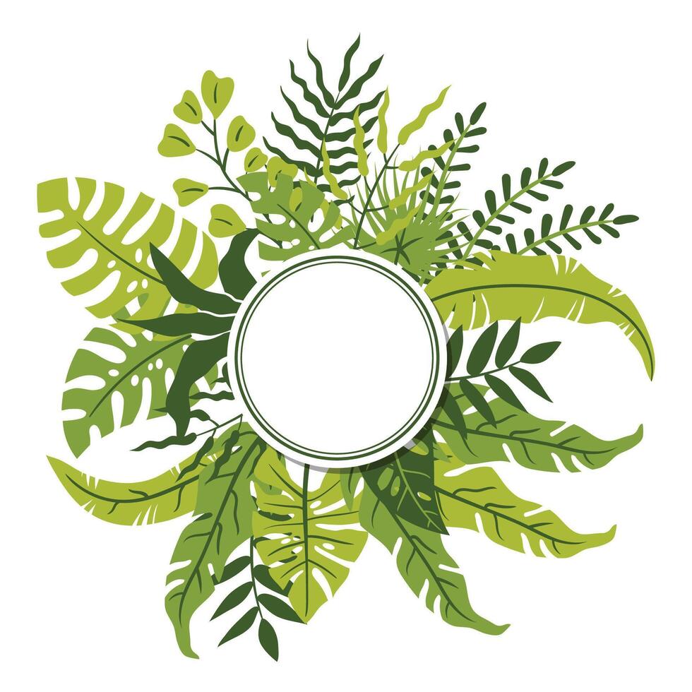 A round single frame made of lush tropical palm and monstera leaves in flat cartoon style. vector