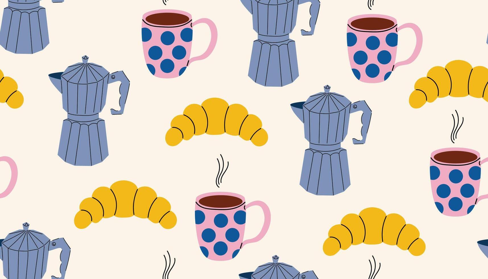Seamless pattern with moka pots, croissants, and steaming coffee mugs in flat cartoon style. vector