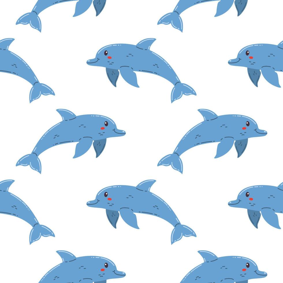 Seamless pattern with kawaii blue dolphin in cartoon flat style, arranged in polka dot order on white background. vector
