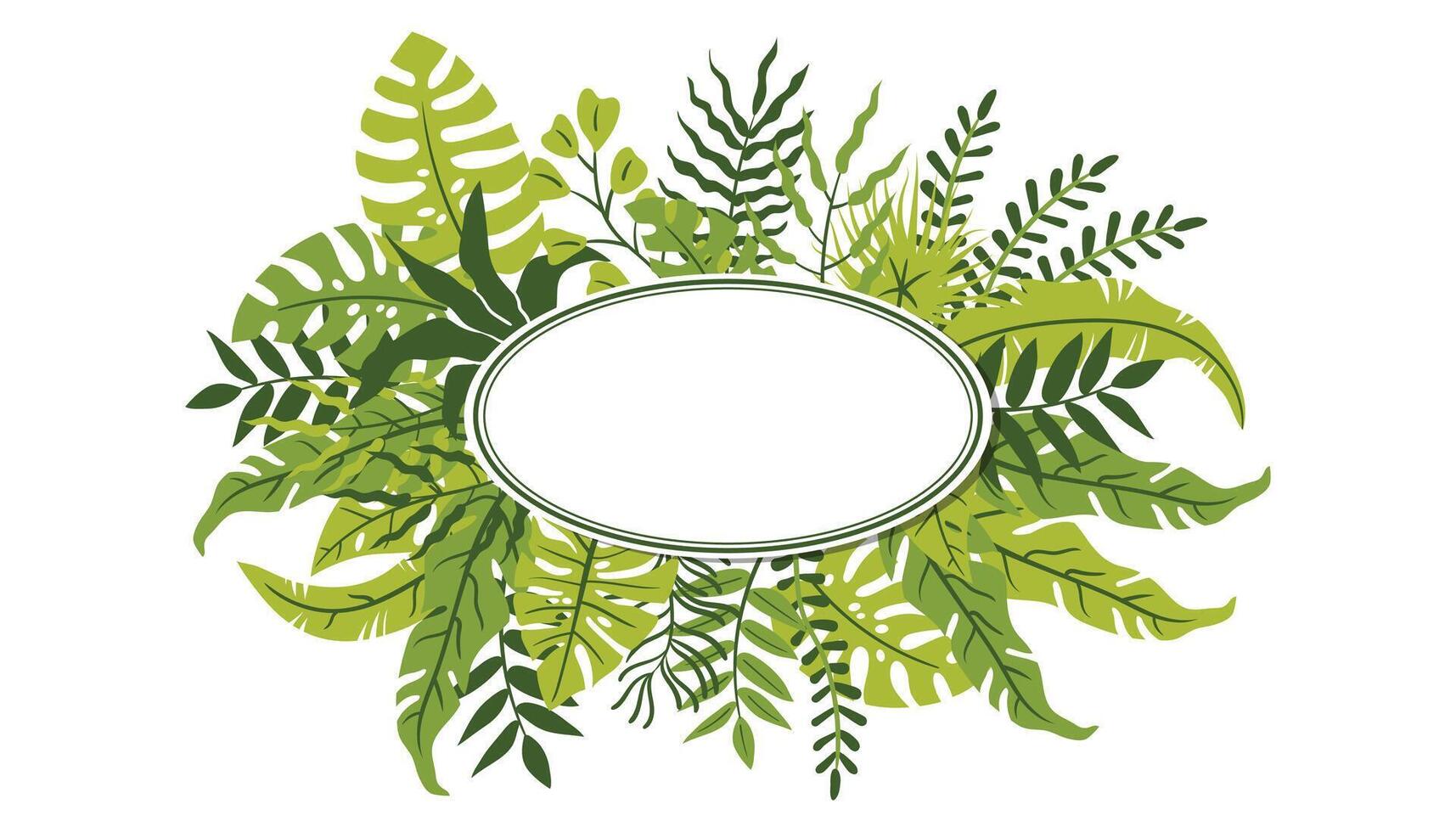 Circular green frame with palm and monstera leaves in flat cartoon style. vector