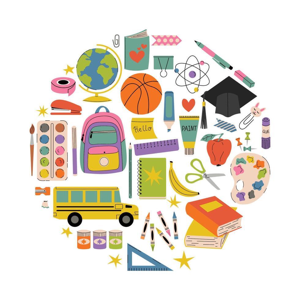 Back to school themed card in cartoon flat style with colorful circle of supplies. vector