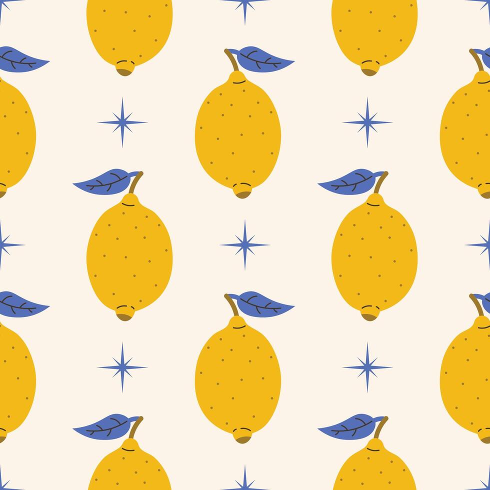 Seamless pattern with yellow lemon and star in cartoon flat style, arranged in polka dot order on light background. vector