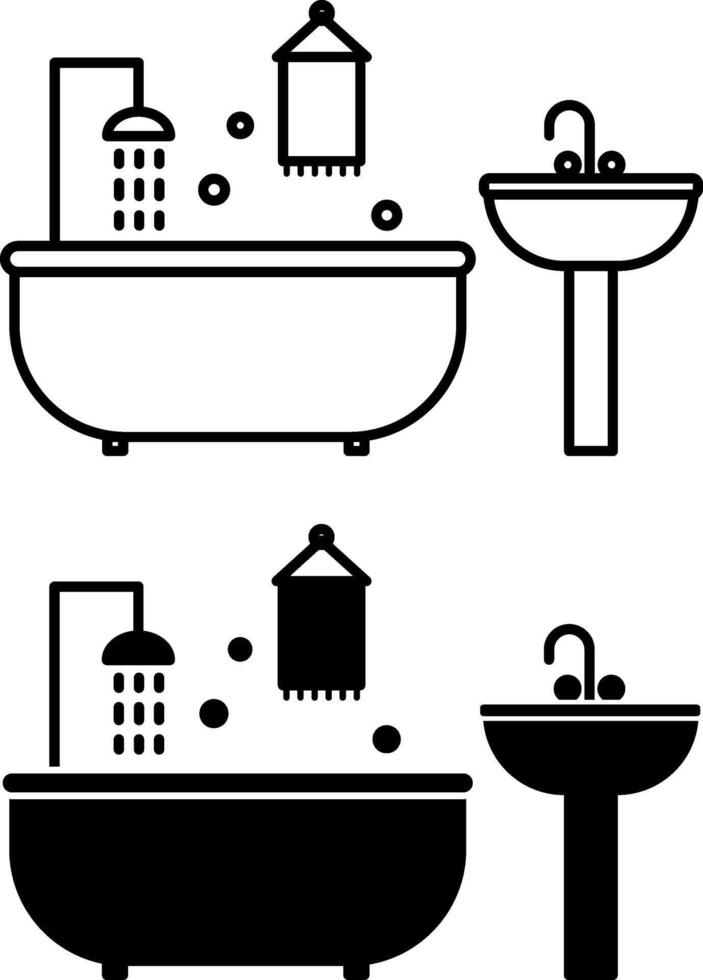Bathroom Icons. Black And White Illustrations. Water Filling Into Bath, Towel, Sink, And Tap. Room In the House For Bathing Or Taking a Shower. Hygiene Concept vector