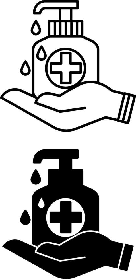 Hydroalcoholic Gel Icons. Black and White Illustrations. Hand Disinfection Solution. Human Hand and Disinfectant. Hygiene Concept vector