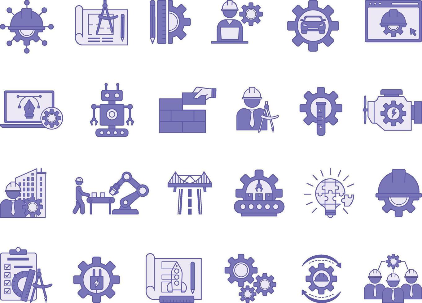 Colored Engineering Icon Set. Illustrations Engineer, Construction, Drawing, Manufacturing, Mechanical Engineering, Design, Robotics, IT Engineering, Architect, Electrical, and More vector