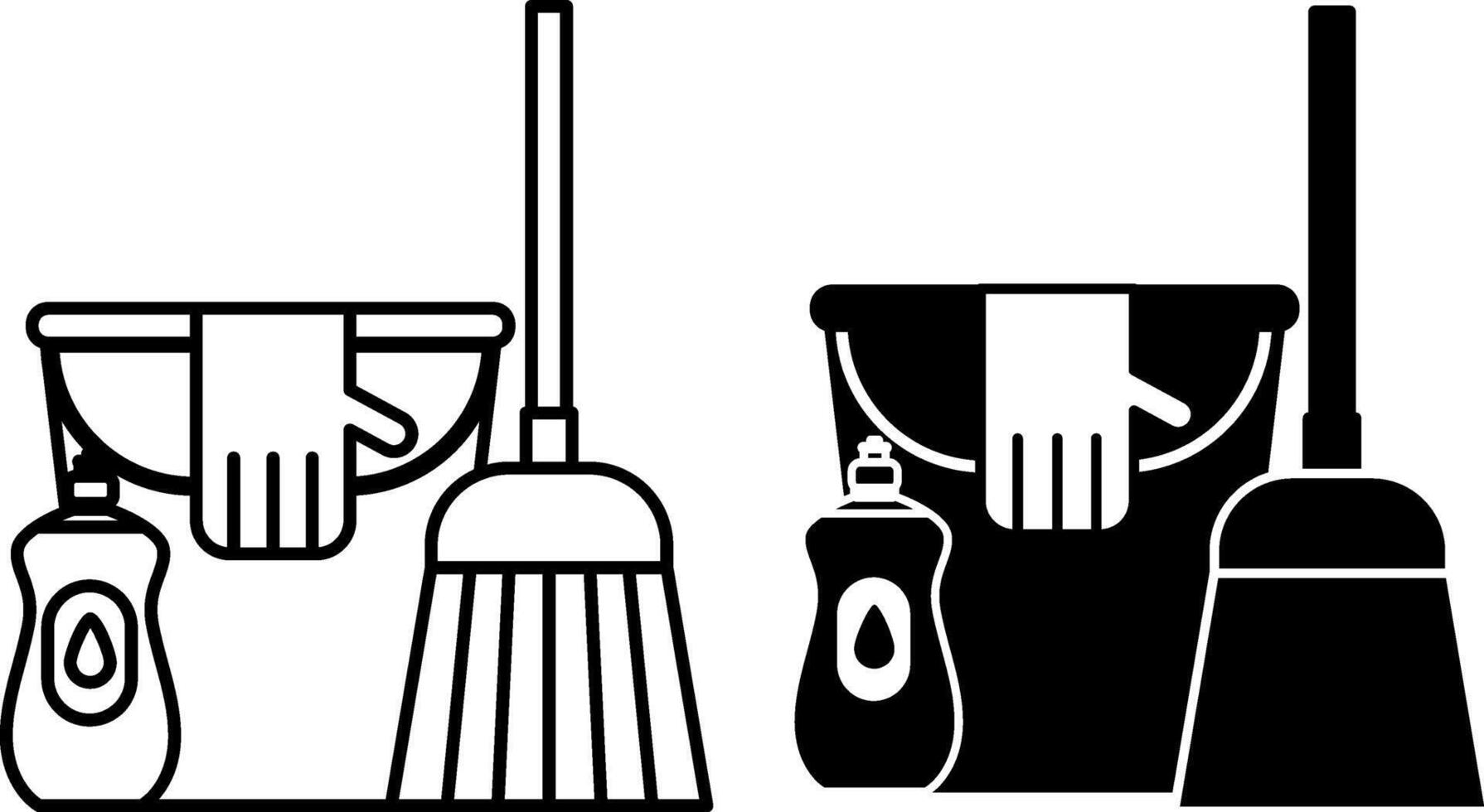 Cleaning Icons. Black and White Illustrations. Bucket, Broom, Rubber Glove, and Detergent. Cleanliness in the House. Hygiene Concept vector