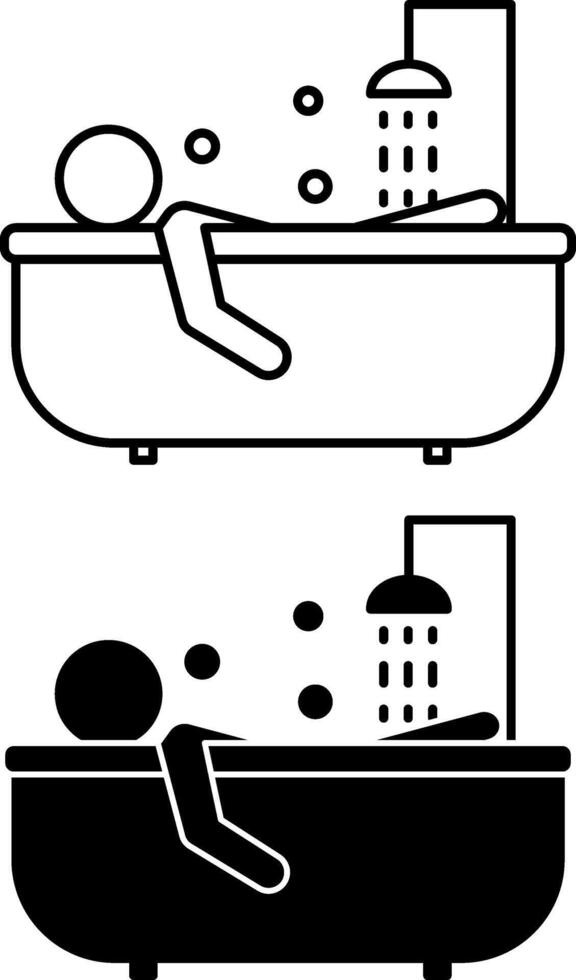 Bathing Icons. Black and White Illustration. Man Taking a Bath. Water Flowing and Soap Bubbles Flying. Hygiene Concept vector
