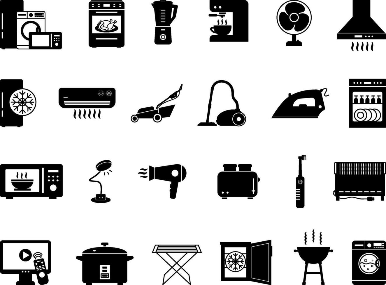 Black Set Of Home Appliances. Illustrations Refrigerator, Washing Machine, Oven, Vacuum Cleaner, Microwave Oven, Toaster, Iron, Air Conditioner, Lawn Mower, Coffee Maker, And Others vector