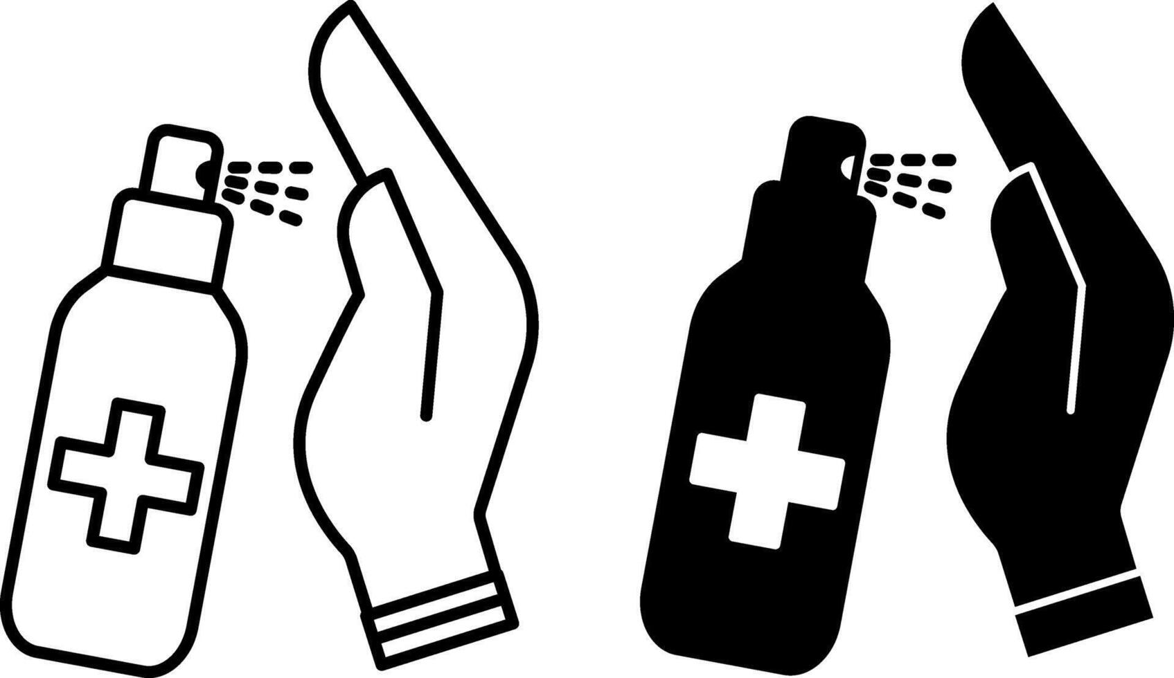 Antiseptic Icons. Black and White Illustrations. Man Disinfecting Hands With Antiseptic. Cleanliness, Medicine. Hygiene Concept vector
