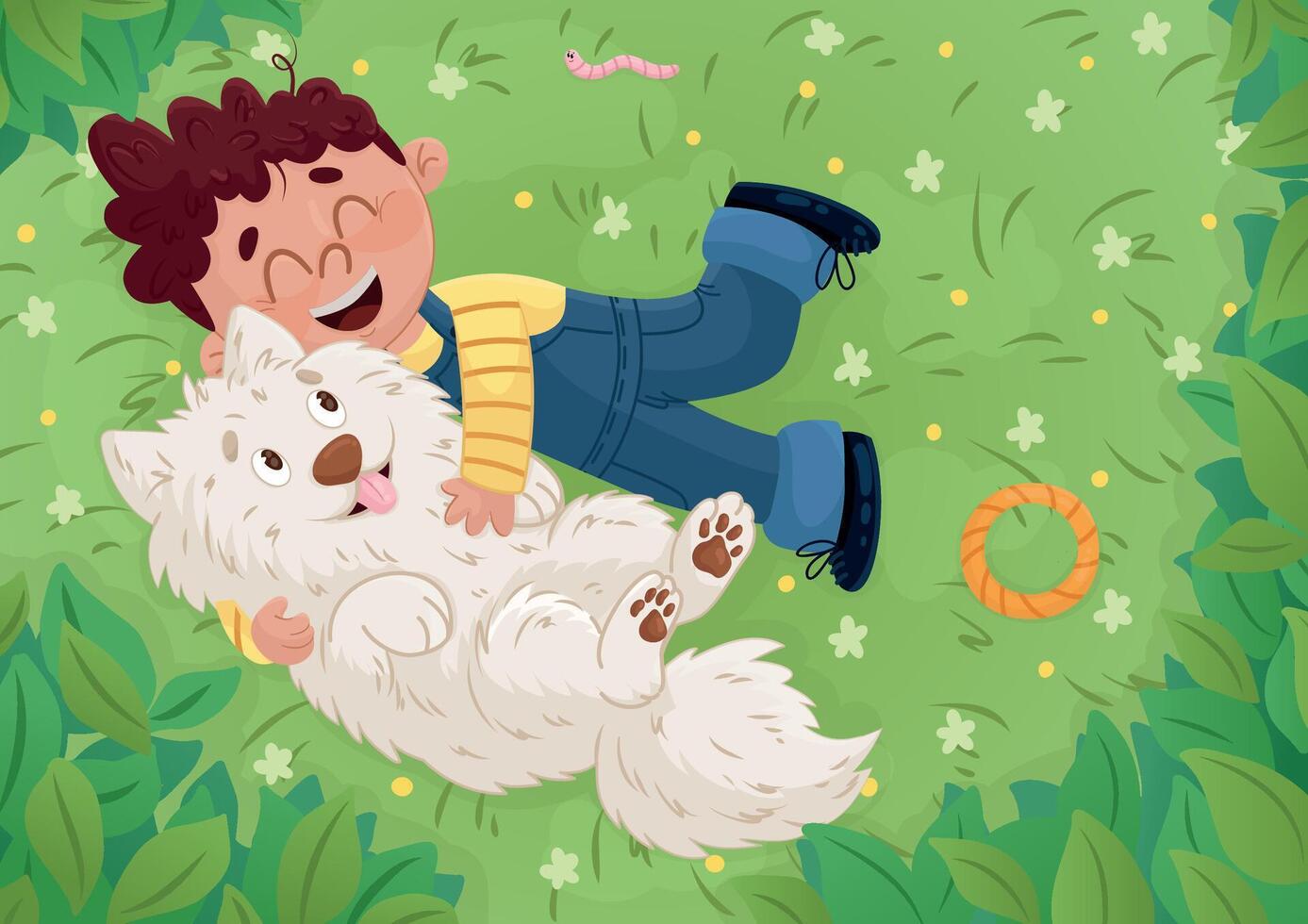 Boy and dog lying in grass, top view, summer day vector