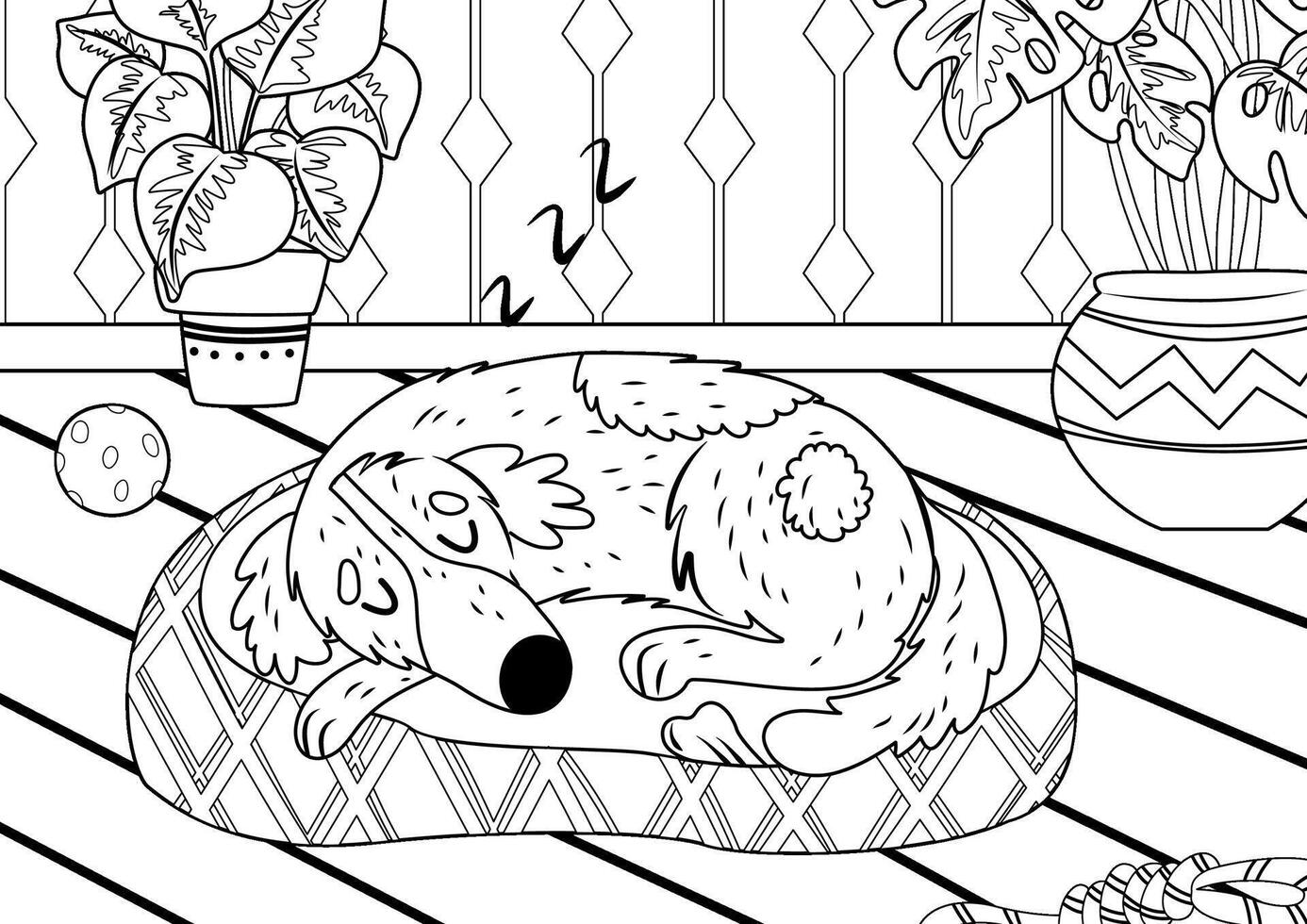 Coloring page with a dog sleeping in a bed vector
