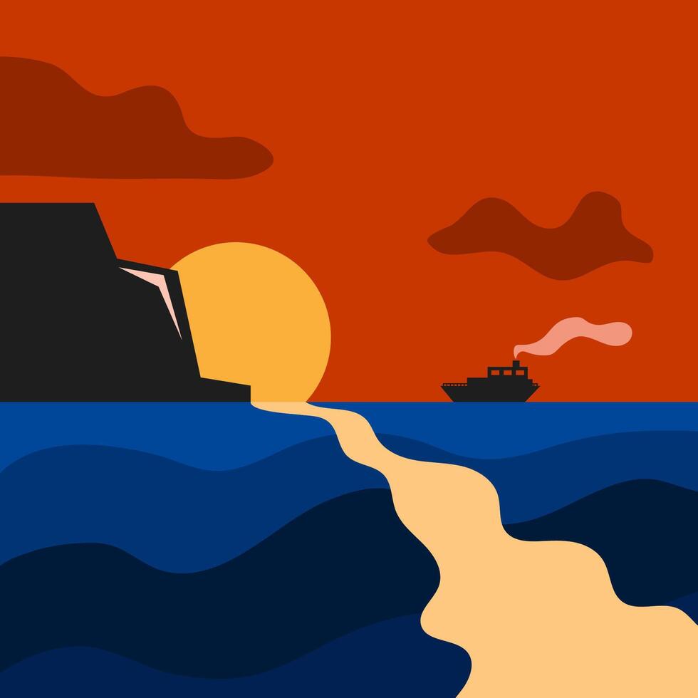 Ship cruising in the afternoon, flat illustration style vector