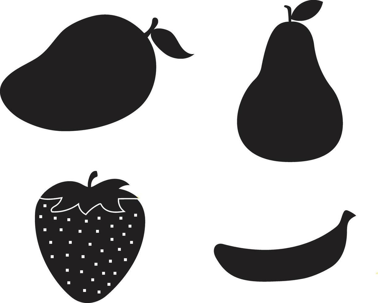 Stylish Black Silhouettes of Mango, Pear, Strawberry, and Banana Fruits on White Background - Professional digital artwork with vibrant colors and detailed composition vector