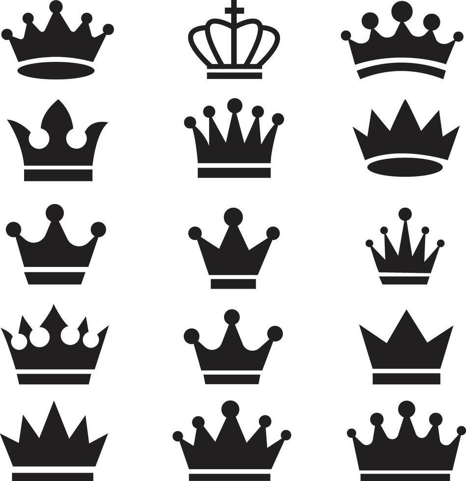 Fifteen Elegant Black Crown Icons Regal Symbols for Royalty, Monarchy, and Luxury Design - Professional digital artwork with vibrant colors and detailed composition vector