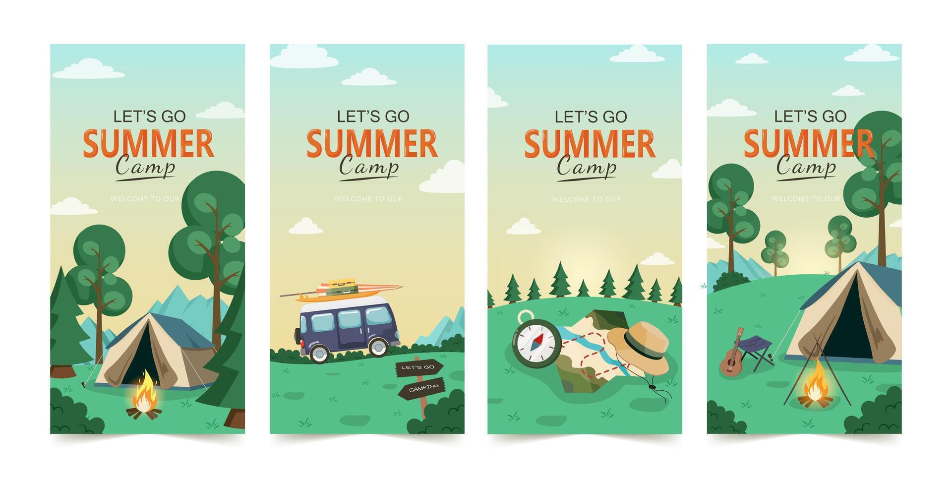 Set of promo flyers for summer camping, traveling, trip, hiking, camper, nature, journey, picnic. Vertical web banner for summer camp. Modern flat design . vector